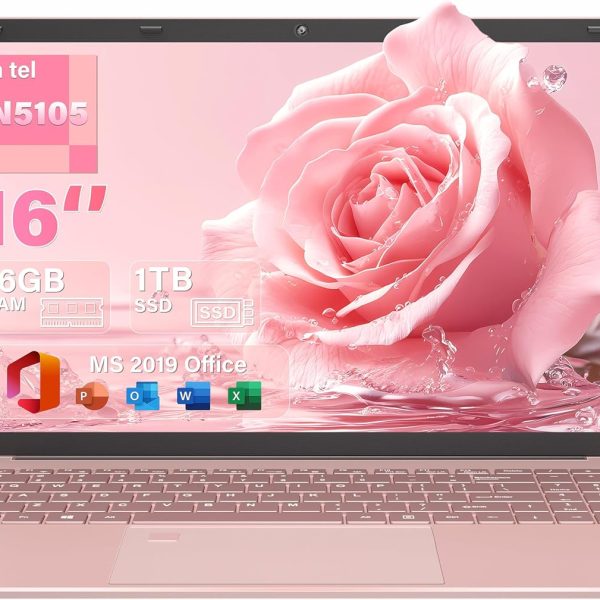 Rumtuk 16" Rose Gold Laptop, Celeron N5105 CPU, DDR4 16GB RAM 1T SSD, FHD IPS Display, Backlit KB，Fingerprint Unlock, USB 3.0, HDMI, WiFi/BT, Perfect for Work, Study and Play! (Rose Gold,1TB SSD)