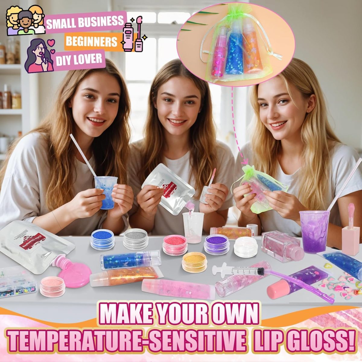 ⁦JCOOS Lip Gloss Making Kit, Color Changing Lip Oil 64 Pcs DIY Lip Gloss Kit Moisturizing Flavor Lip Gloss Sets⁩ - الصورة ⁦4⁩