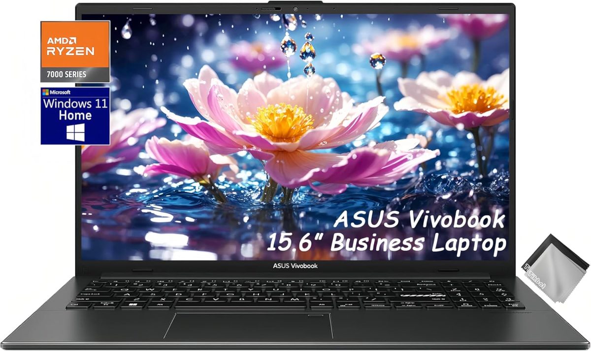 ASUS Vivobook Go 15.6” Business Slim Laptop, AMD Ryzen 3 7320U, 8GB DDR5 RAM, 1TB SSD, Webcam, USB C, 180° Lay-Flat, WiFi, Bluetooth5.1, Win 11, w/Cloth