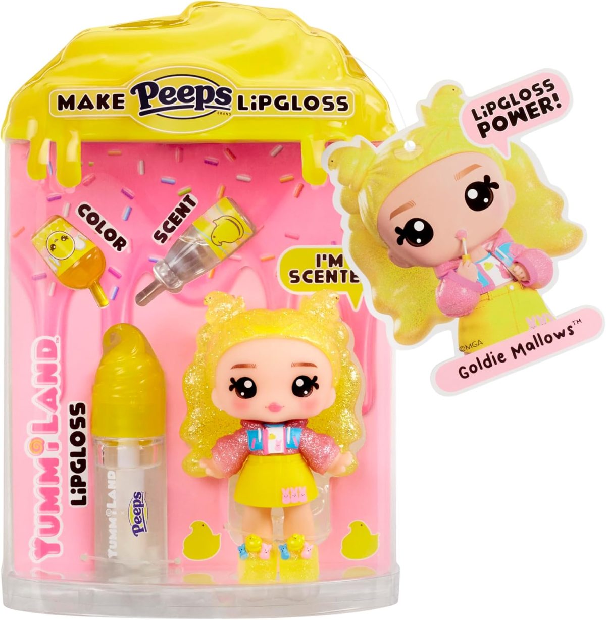 Yummiland x PEEPS Lip Gloss Doll - Goldie Mallows - 1 Doll with Customisable Clothes and Lip Gloss Kit with a Single Colour, Perfume and Transparent Base, For Children 4 Years and Above