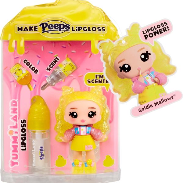 Yummiland x PEEPS Lip Gloss Doll - Goldie Mallows - 1 Doll with Customisable Clothes and Lip Gloss Kit with a Single Colour, Perfume and Transparent Base, For Children 4 Years and Above