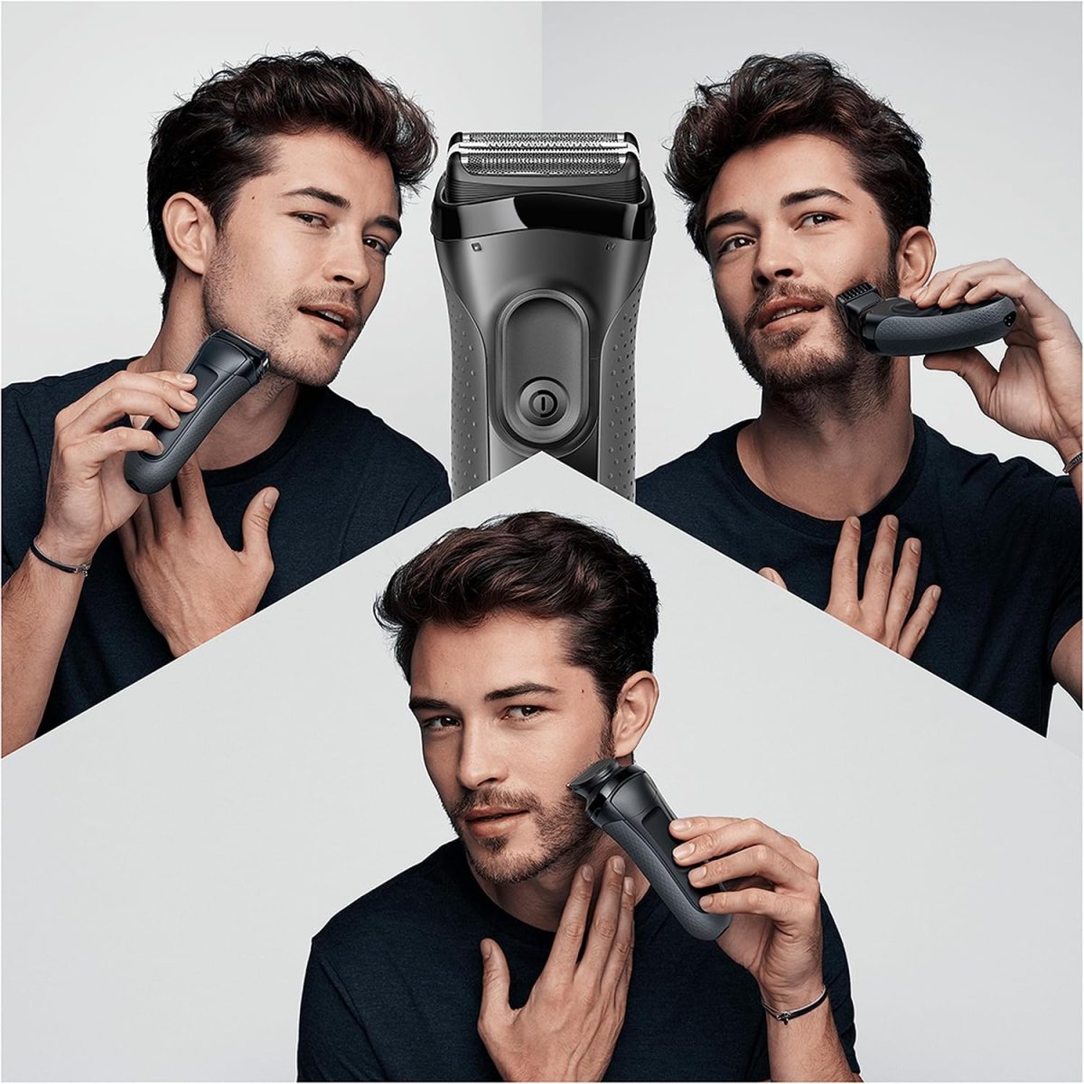 ⁦Braun Series 3 3-in-1 Electric Shaver, Beard Trimmer with 5 Comb Attachments, Wet & Dry, 45 Minutes Battery Life, Rechargeable and Wireless Shaver, Black/Grey⁩ - الصورة ⁦2⁩