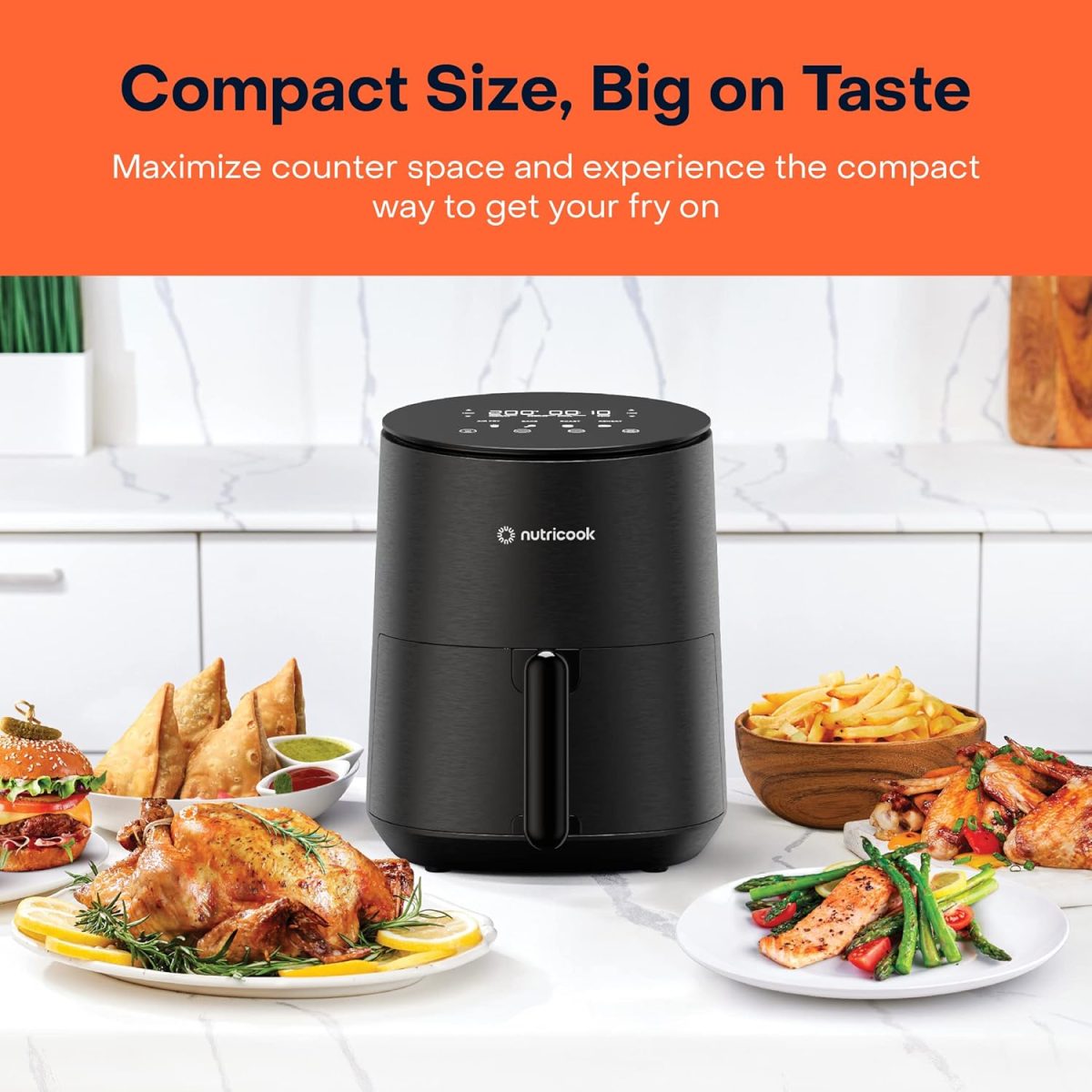 ⁦Nutricook Air Fryer Mini, 1500 Watts, Digital Display, Tempered Glass Control Panel, 8 Preset Programs with built-in Preheat function, 3.3 Liters, Black⁩ - الصورة ⁦2⁩