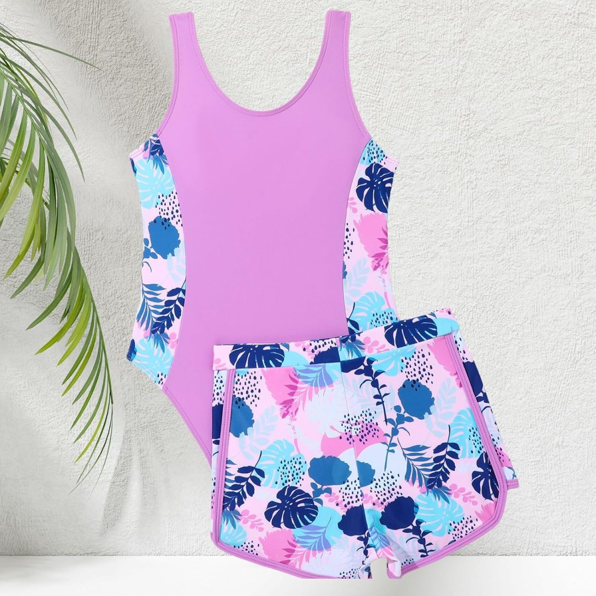 ⁦Xumplo Girls Swimming Costume Tween Girl One Piece Swimsuit with Shorts Young Girls Floral Swimwear Bathing Suit⁩ - الصورة ⁦3⁩