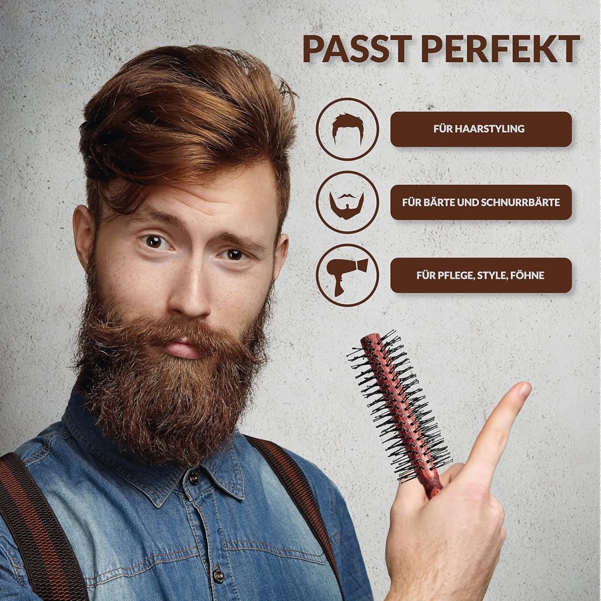 ⁦Priohair Prios® | Hair Dryer Brush, Round Brush, Men's Beard and Round Brush, for Straightening and Blow-Drying, Beard Brush for Men, Hair and Beard Brush for Short to Medium Length Hair (S)⁩ - الصورة ⁦4⁩