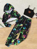 ⁦Gaupafmb Girls Clothes 3PC Tie-dye with Butterfly Print Hoodie Sweatshirt Butterfly Print Cami Tops Sweatpants Girls⁩ - الصورة ⁦5⁩