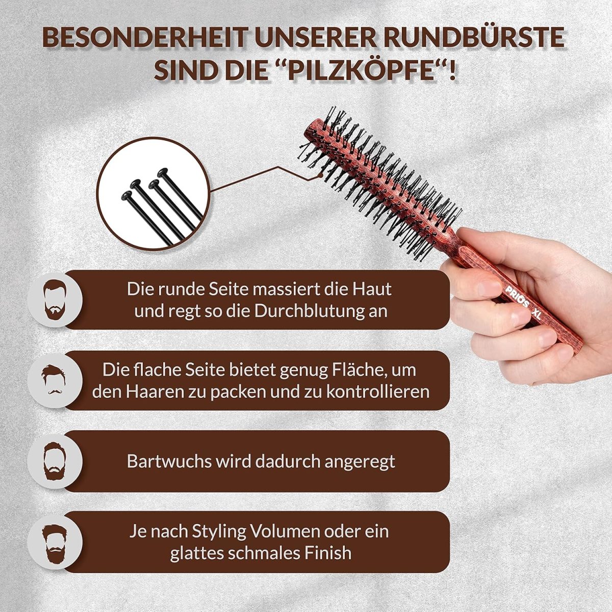 ⁦Priohair Prios® | Hair Dryer Brush, Round Brush, Men's Beard and Round Brush, for Straightening and Blow-Drying, Beard Brush for Men, Hair and Beard Brush for Short to Medium Length Hair (S)⁩ - الصورة ⁦5⁩