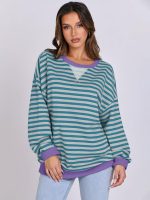 ⁦ANRABESS Women Striped Oversized Sweatshirt Long Sleeve Crewneck Hoodies Shirts 2024 Fall Pullover Top Trendy Preppy Clothes⁩ - الصورة ⁦2⁩