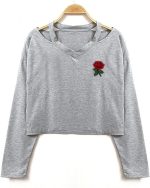 BOLKA Brown Sweatsuit Pullover Hoodies Fashion Women's Casual Broadcloth Rose Printed Sweatshirt Long Sleeve V-neck Crop Short Tops Wholesale (Color : Gray, Size : M)