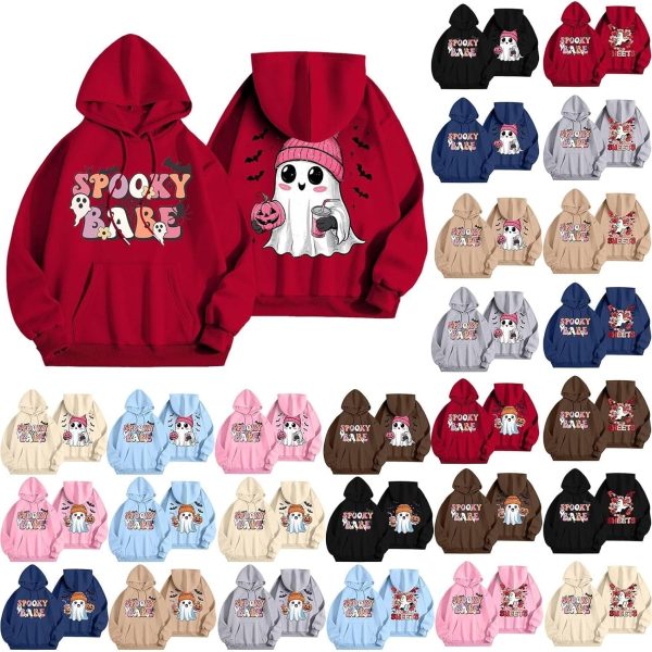 CheJooe Women Halloween Hoodies Oversized Funny Ghost Print Hooded Sweatshirt Loose Pullover Fall Festival Cute Coat With Pocket(A02 Pink,XL)