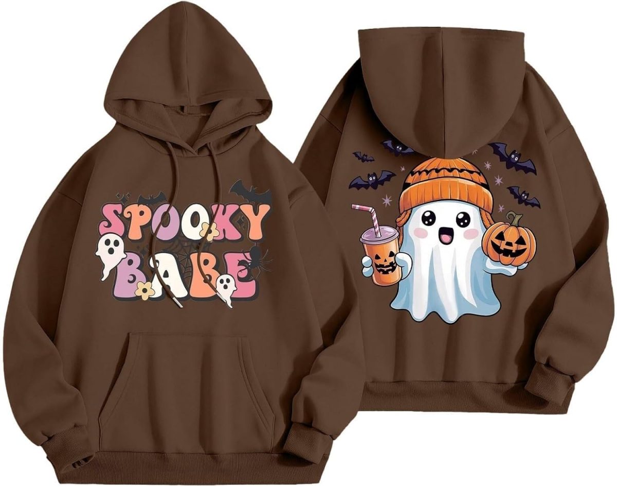 ⁦CheJooe Women Halloween Hoodies Oversized Funny Ghost Print Hooded Sweatshirt Loose Pullover Fall Festival Cute Coat With Pocket(A01 Brown,L)⁩ - الصورة ⁦2⁩