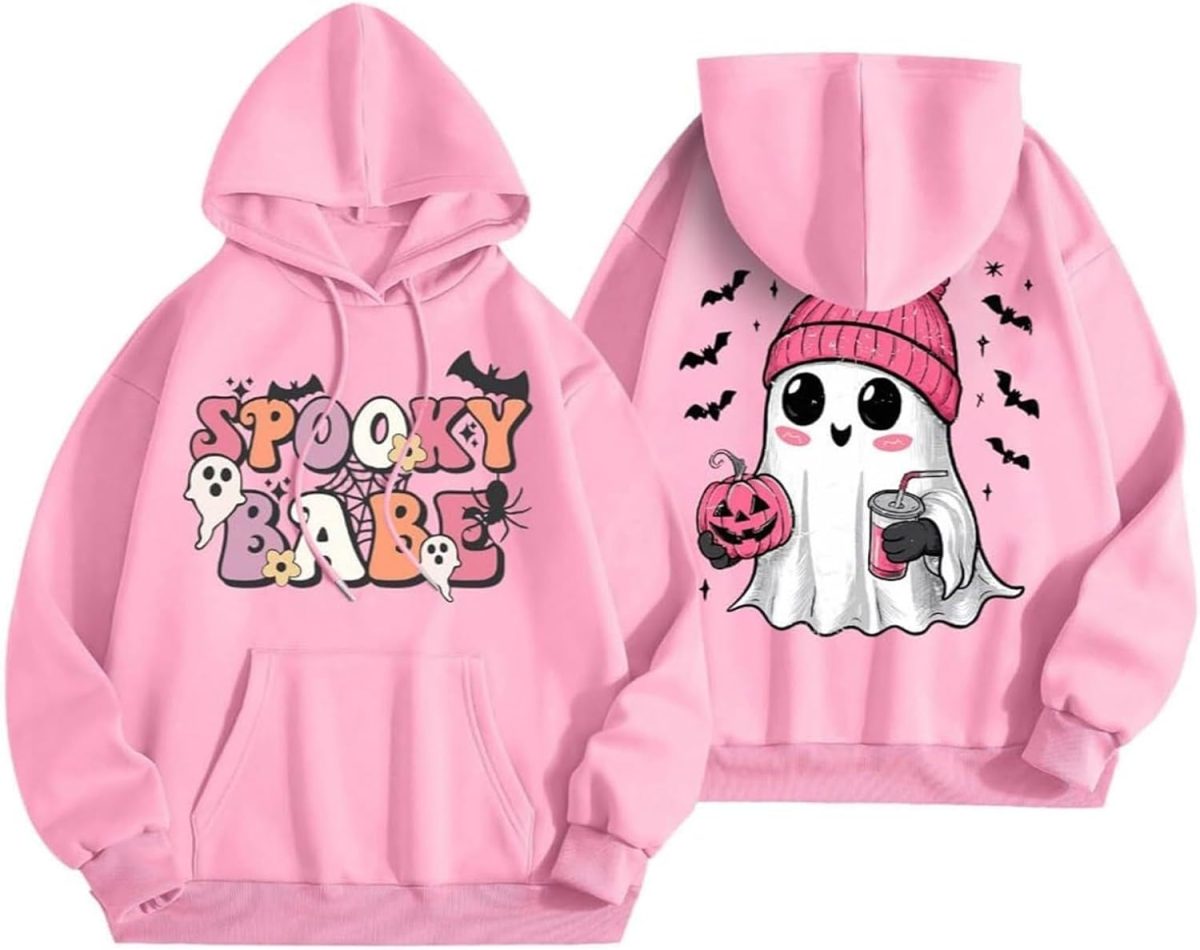 ⁦CheJooe Women Halloween Hoodies Oversized Funny Ghost Print Hooded Sweatshirt Loose Pullover Fall Festival Cute Coat With Pocket(A02 Pink,L)⁩ - الصورة ⁦2⁩