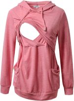 GINKANA Womens Nursing Hoodie Top Sweatshirt Long Sleeve Button Decoration Pockets Shirts Tunic Top, Rose, X-Large