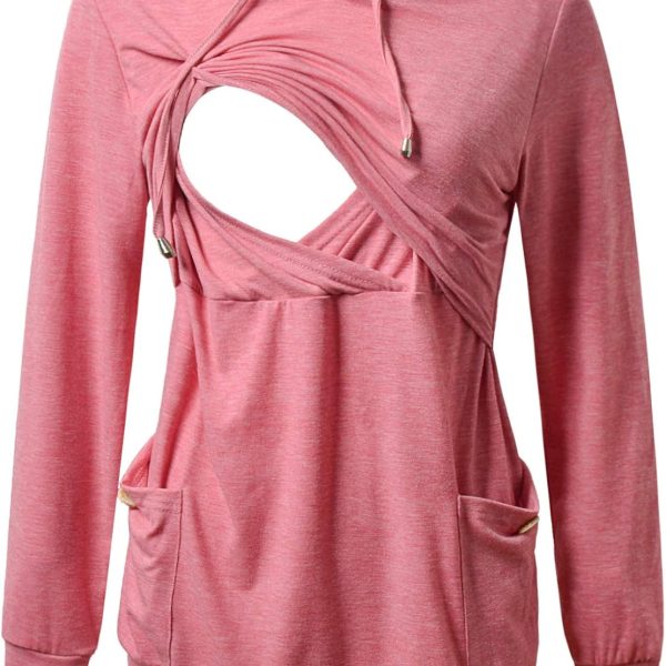 GINKANA Womens Nursing Hoodie Top Sweatshirt Long Sleeve Button Decoration Pockets Shirts Tunic Top, Rose, X-Large