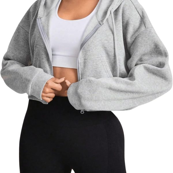 GORGLITTER Women's Athletic Zip Up Hoodie Drawstring Long Sleeve Crop Sweatshirts with Pockets Grey M