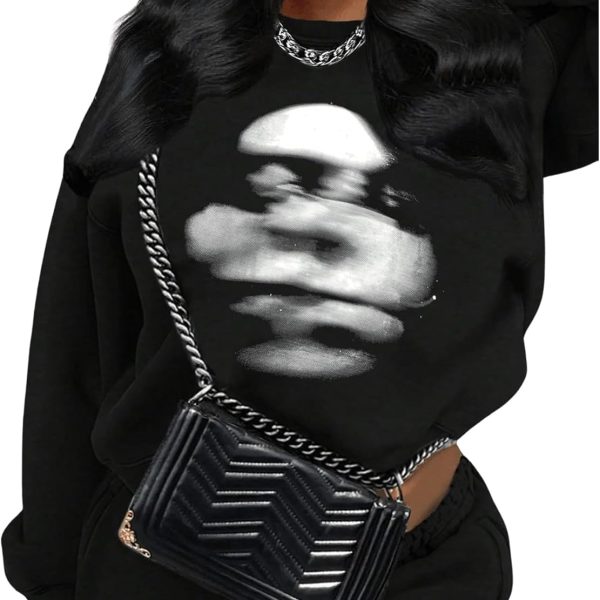 GORGLITTER Women's Graphic Figure Print Crewneck Sweatshirt Long Sleeve Streetwear Tops Black L