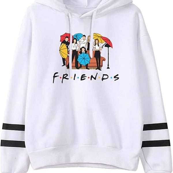 KASTWAVE Friends Hoodies for Women, Long Sleeve Drawstring Fleece Letters Print Hooded Pullovers Autumn Fashion Warm Sweatshirts Casual Loose Blouses Gift for Friends