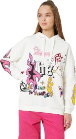 KOTON Women's Graffiti Printed Long Sleeve Ribbed Hoodie Sweatshirt
