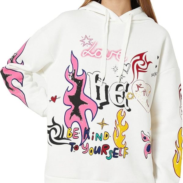 KOTON Women's Graffiti Printed Long Sleeve Ribbed Hoodie Sweatshirt