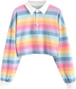LYCLUS Jacket with Hat Women's Lapel Sweatshirt Rainbow Striped Button Long-sleeve Pullover Autumn Sweatshirt Jacket Hoodies and Sweatshirts (Color : B, Size : M)