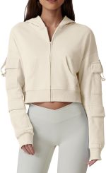 QINSEN Hoodies for Women Full Zip Up Cropped Jacket Long Sleeves with Cargo Pockets Sweatshirts Tops