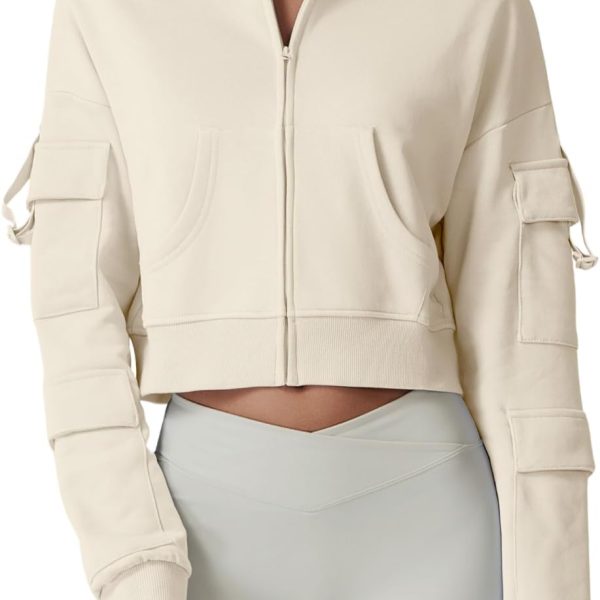 QINSEN Hoodies for Women Full Zip Up Cropped Jacket Long Sleeves with Cargo Pockets Sweatshirts Tops