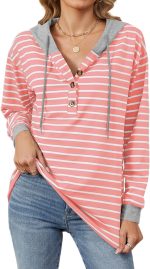 SEAUR Women's Striped Hoodies Long Sleeve Colour Block Sweatshirts Button Pullover Hooded Sweatshirts
