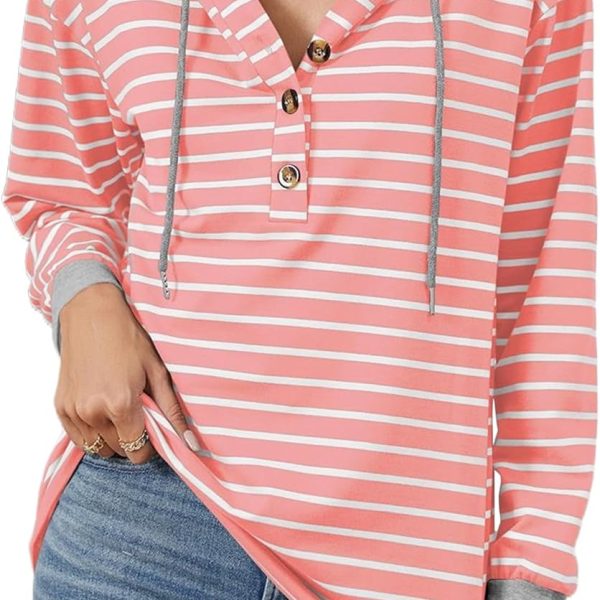 SEAUR Women's Striped Hoodies Long Sleeve Colour Block Sweatshirts Button Pullover Hooded Sweatshirts