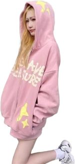 SKYWOK Women's Cardigans Oversized Zip Hoodie Women's Design Pattern Hooded Sweatshirt Soft Girls' Jacket (Color : Pink, Size : XL)