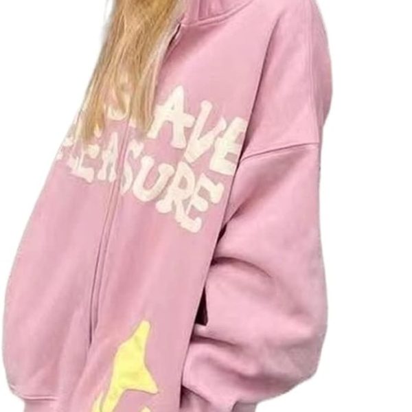 SKYWOK Women's Cardigans Oversized Zip Hoodie Women's Design Pattern Hooded Sweatshirt Soft Girls' Jacket (Color : Pink, Size : XL)