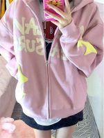 ⁦SKYWOK Women's Cardigans Oversized Zip Hoodie Women's Design Pattern Hooded Sweatshirt Soft Girls' Jacket (Color : Pink, Size : XL)⁩ - الصورة ⁦2⁩