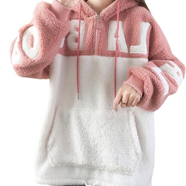 SKYWOK Women's Fleece Jackets Lady Hoodie Winter Casual Women Sweatshirt Embroidered Letters Stitching Color Zipper Pullover (Color : Pink, Size : XL)