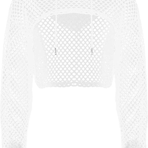 TAIKMD Women's Mesh Fishnet Hollow Out Hoodies Shirts See Through Sheer Pullover Sweatshirts Crop Top Clubwear