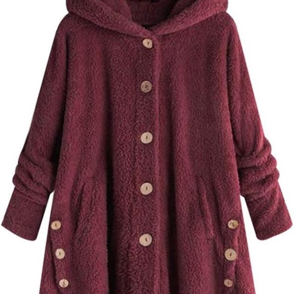 Women Winter Coat Hooded Button Loose Hoodies Plus Size Kitty Ear Warm Sweatshirt (Wine red,M)