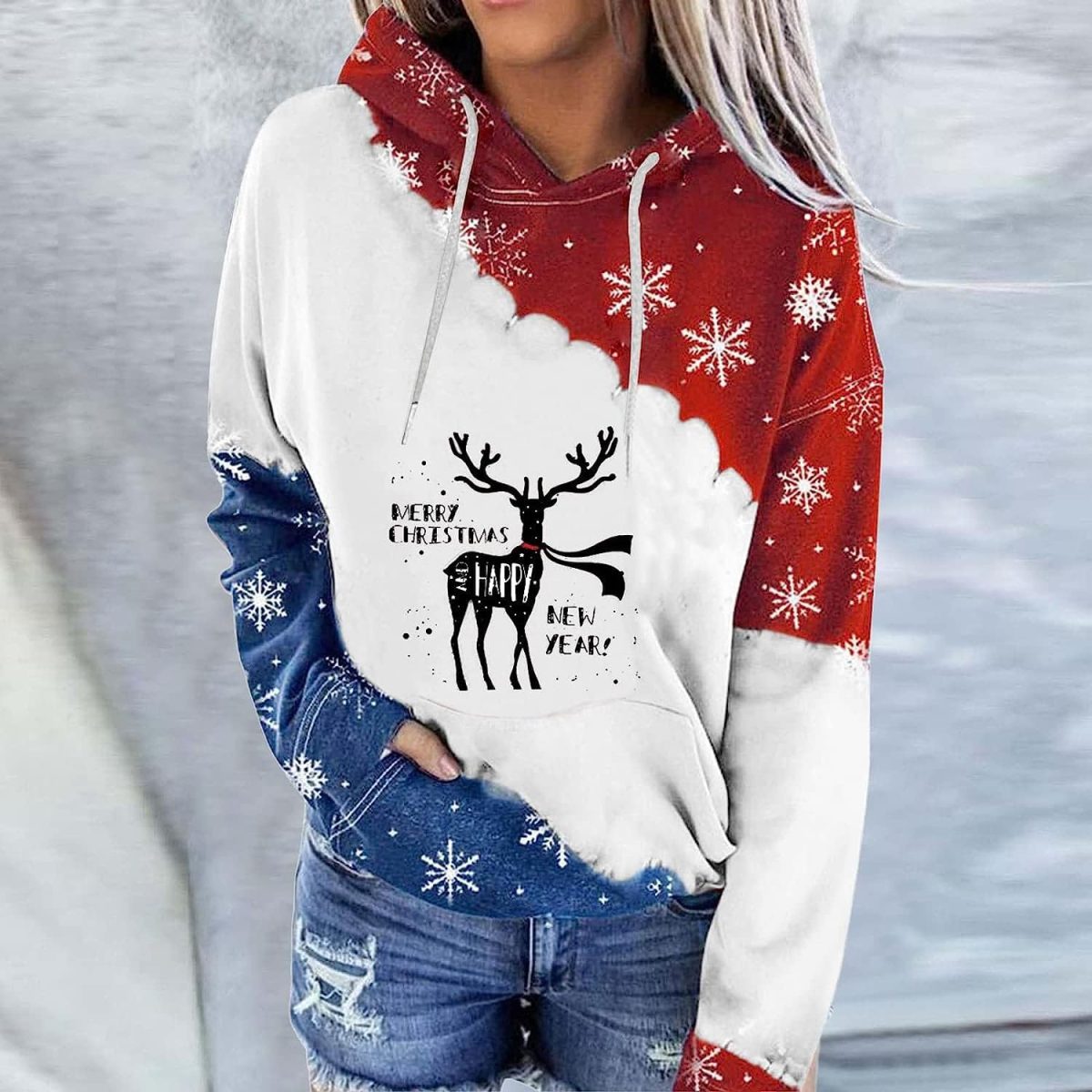 ⁦ZONEEAKO Merry Christmas Hoodie for Women,Casual Christmas Holiday Long Sleeve Sweatshirts with Snowman/Elk 2D Print Pullover Tops with Pocket,S-2XL (Color : Black, Size : XL)⁩ - الصورة ⁦2⁩