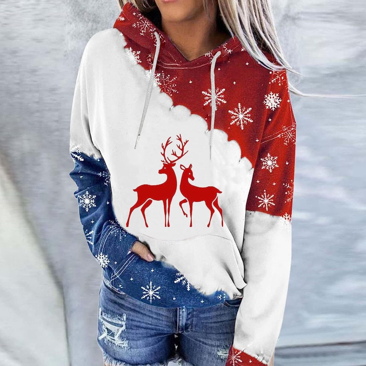 ⁦ZONEEAKO Merry Christmas Hoodie for Women,Casual Christmas Holiday Long Sleeve Sweatshirts with Snowman/Elk 2D Print Pullover Tops with Pocket,S-2XL (Color : Green, Size : L)⁩ - الصورة ⁦2⁩