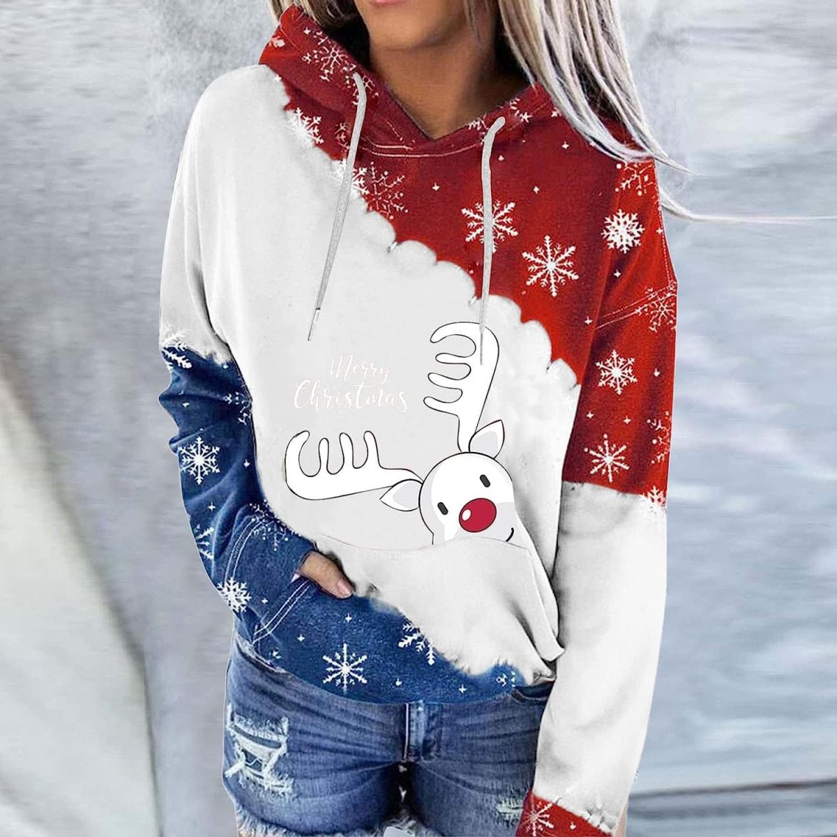 ⁦ZONEEAKO Merry Christmas Hoodie for Women,Casual Christmas Holiday Long Sleeve Sweatshirts with Snowman/Elk 2D Print Pullover Tops with Pocket,S-2XL (Color : Green, Size : XXL)⁩ - الصورة ⁦2⁩