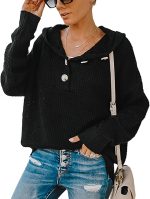 ⁦hsTrjz-MaXj Knitted Hoodie for Women,Casual V Neck Sweater Button Pullover Basic Long Sleeve Sweatshirt,Off The Shoulder Shirt Tops⁩ - الصورة ⁦3⁩