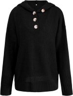 ⁦hsTrjz-MaXj Knitted Hoodie for Women,Casual V Neck Sweater Button Pullover Basic Long Sleeve Sweatshirt,Off The Shoulder Shirt Tops⁩ - الصورة ⁦6⁩