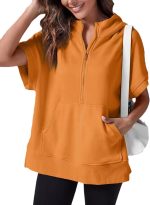 Chahuer Women's Oversize Hooded Sweatshirt Summer Solid Color Casual Loose Half Zipper Pocket Short Sleeve Hoodies orange L