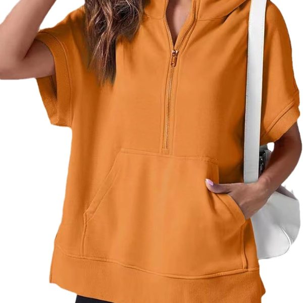 Chahuer Women's Oversize Hooded Sweatshirt Summer Solid Color Casual Loose Half Zipper Pocket Short Sleeve Hoodies orange L