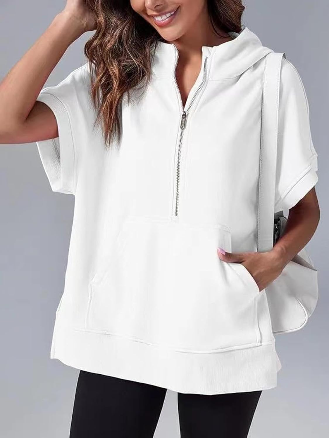 ⁦Chahuer Women's Oversize Hooded Sweatshirt Summer Solid Color Casual Loose Half Zipper Pocket Short Sleeve Hoodies orange L⁩ - الصورة ⁦3⁩
