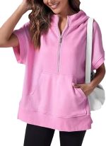 Chahuer Women's Oversize Hooded Sweatshirt Summer Solid Color Casual Loose Half Zipper Pocket Short Sleeve Hoodies pink L