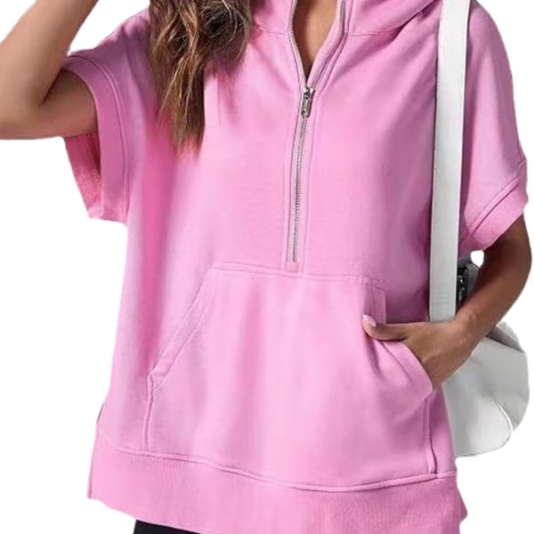 Chahuer Women's Oversize Hooded Sweatshirt Summer Solid Color Casual Loose Half Zipper Pocket Short Sleeve Hoodies pink L