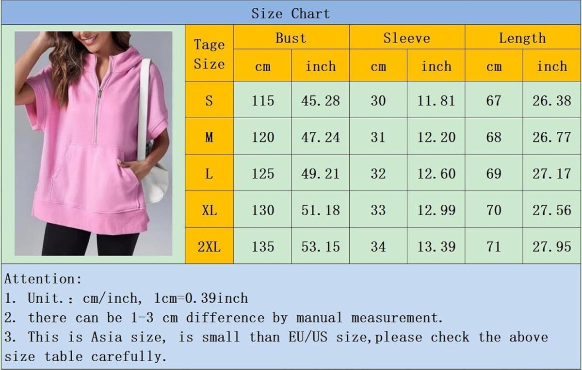 ⁦Women's Oversize Hooded Sweatshirt Summer Solid Color Casual Loose Half Zipper Pocket Short Sleeve Hoodies brown S⁩ - الصورة ⁦3⁩