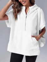⁦Women's Oversize Hooded Sweatshirt Summer Solid Color Casual Loose Half Zipper Pocket Short Sleeve Hoodies brown S⁩ - الصورة ⁦4⁩