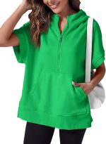 Chahuer Women's Oversize Hooded Sweatshirt Summer Solid Color Casual Loose Half Zipper Pocket Short Sleeve Hoodies green S