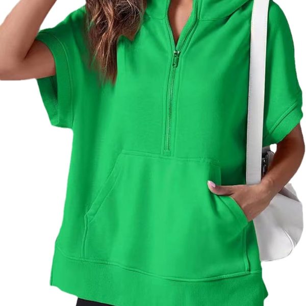 Chahuer Women's Oversize Hooded Sweatshirt Summer Solid Color Casual Loose Half Zipper Pocket Short Sleeve Hoodies green S