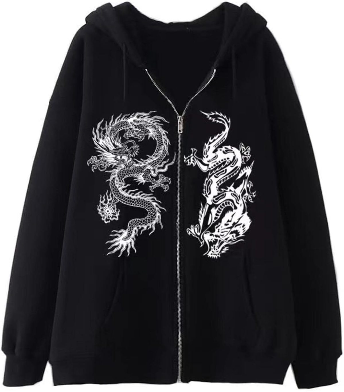 ⁦Chahuer Women's Dragon Print Zipper Sweatshirt Fashion Hip Hop Sports Hoodie Autumn And Winter New Loose Fleece Jacket black 1 4XL⁩ - الصورة ⁦1⁩