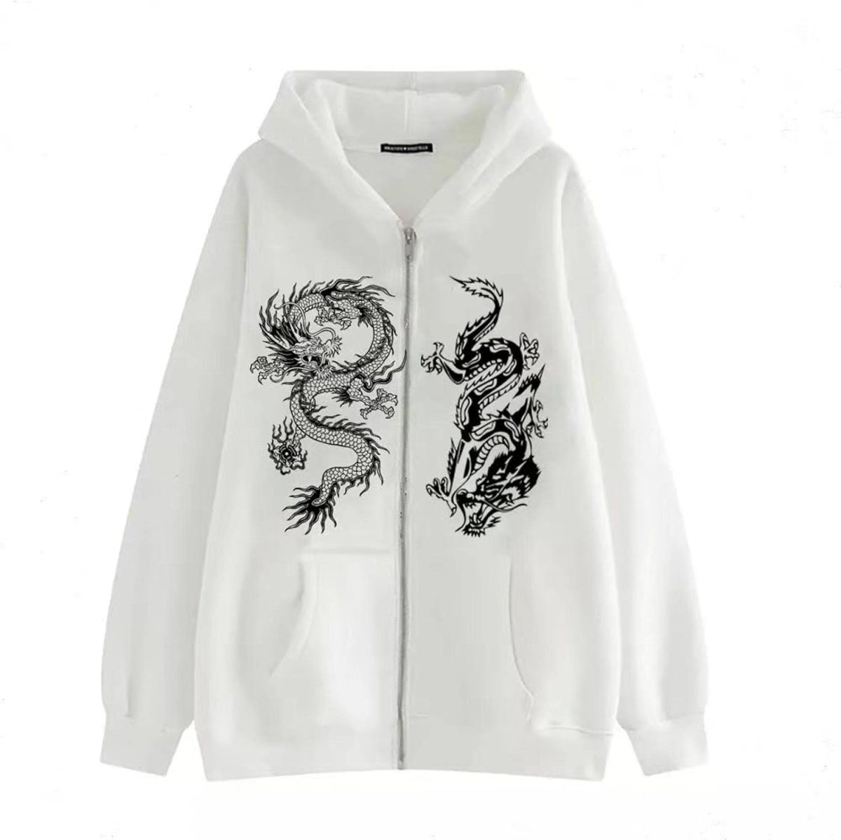 ⁦Chahuer Women's Dragon Print Zipper Sweatshirt Fashion Hip Hop Sports Hoodie Autumn And Winter New Loose Fleece Jacket white 1 L⁩ - الصورة ⁦1⁩